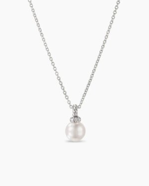 Petite Solari Pendant Necklace 18K White Gold with Pearl and Diamonds, 11.5mm