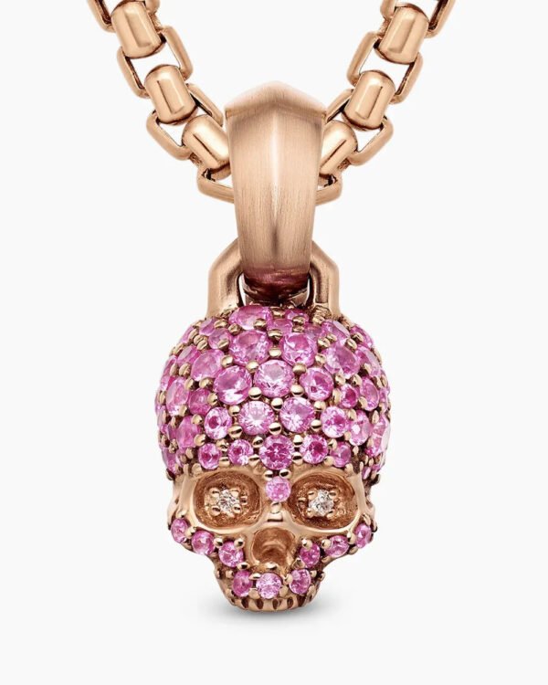 Skull Amulet Full Pav&eacute; Pink Sapphires and 18K Rose Gold, 14mm
