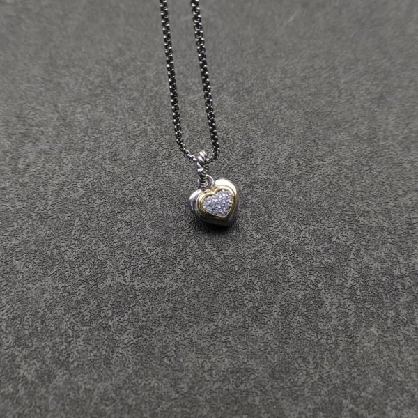 Petite Cable Heart Pendant Necklace Sterling Silver with 14K Yellow Gold and Diamonds