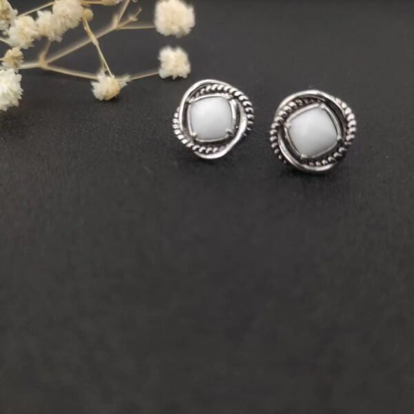 Infinity Stud Earrings Sterling Silver with White Agate, 13mm