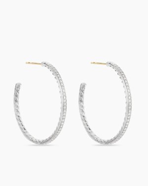 Pave Hoop Earrings Sterling Silver with Diamonds, 38mm