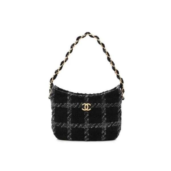 CHANEL Cashmere Tweed Quilted Hobo Black Grey