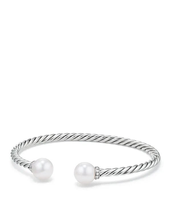 Solari Cablespira&reg; Bracelet Sterling Silver with Pearls and Diamonds, 3mm