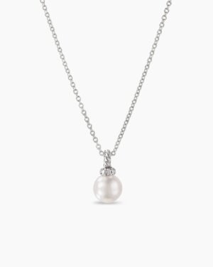 Petite Solari Pendant Necklace 18K White Gold with Pearl and Diamonds, 11.5mm