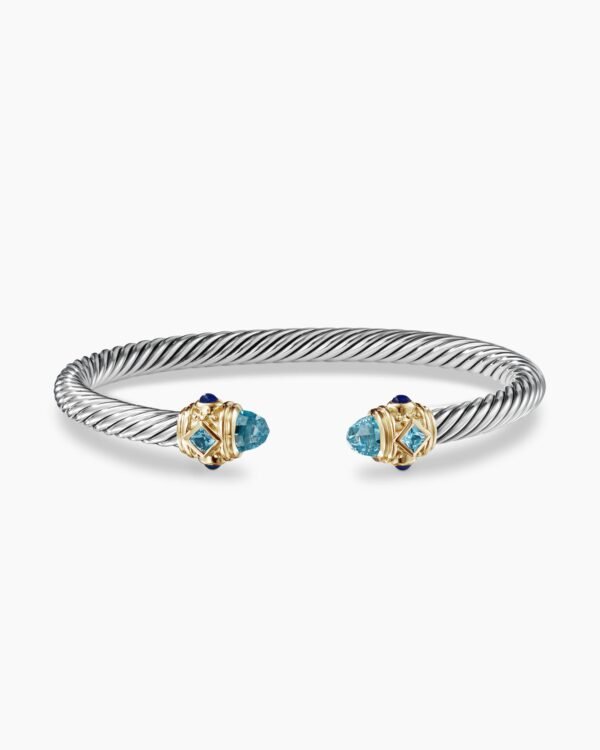 Renaissance Classic Cable Bracelet Sterling Silver with 14K Yellow Gold, Blue Topaz and Lapis, 5mm