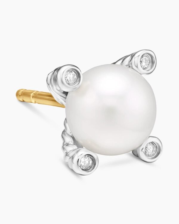 Pearl Stud Earrings Sterling Silver with Pearls and Diamonds, 7.4mm