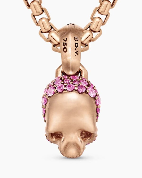 Skull Amulet Full Pav&eacute; Pink Sapphires and 18K Rose Gold, 14mm