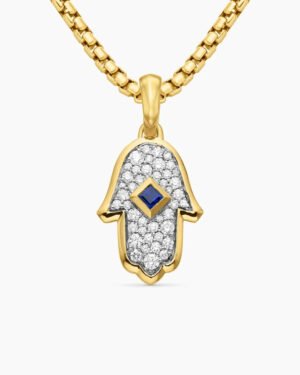 8441EF57-BF52-2605-7173-86D410AEED11.jpg Hamsa Amulet 18K Yellow Gold with Pavé Diamonds and Blue Sapphire, 24.6mm