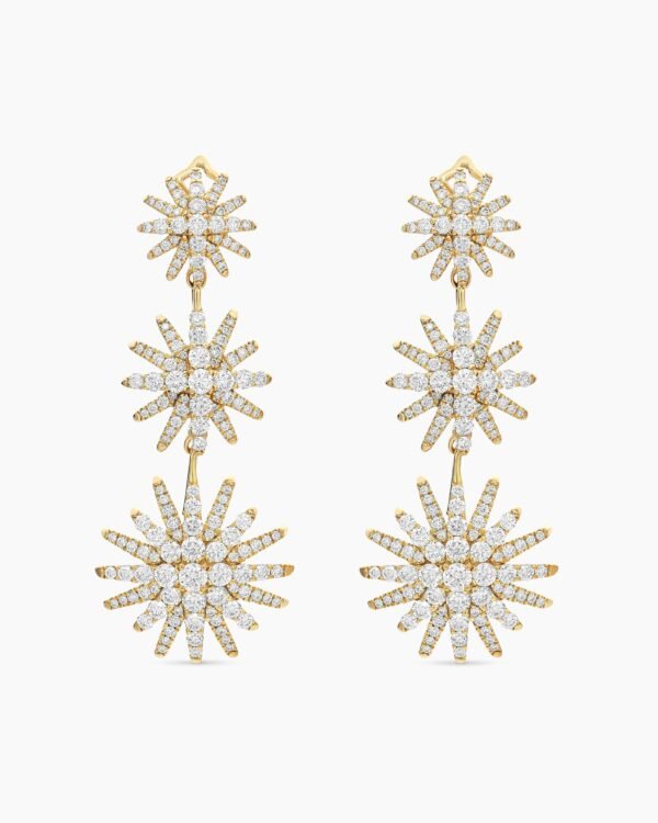 Starburst Triple Drop Earrings 18K Yellow Gold with Diamonds, 51mm
