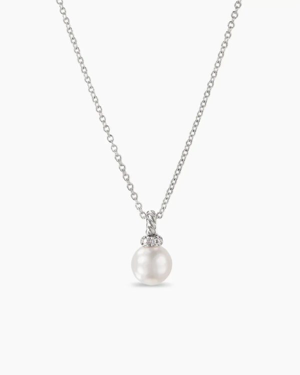 Petite Solari Pendant Necklace 18K White Gold with Pearl and Diamonds, 11.5mm