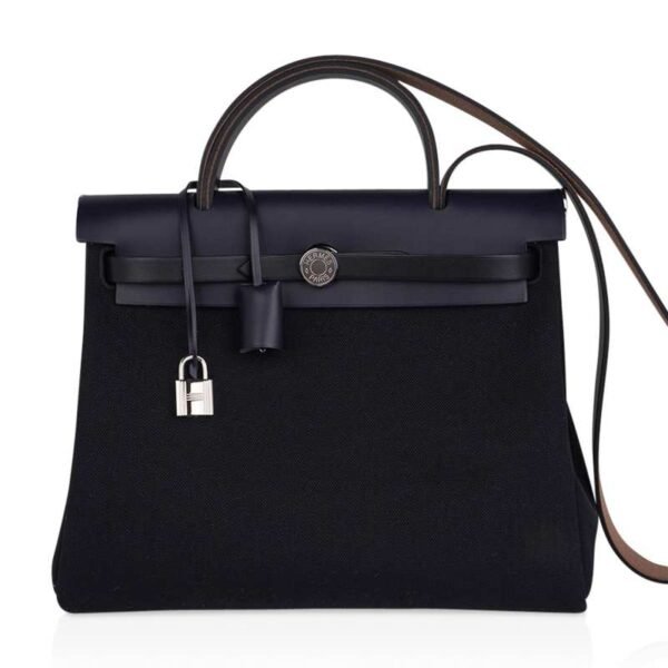 Herbag Zip 31 Bag Retourne Black Toile & Blue Indigo Vache Hunter Leather with Palladium Hardware