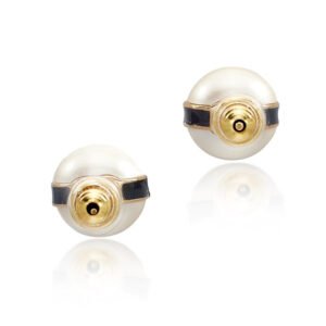 Black Lucite, Imitation Pearl and Gold Metal CC Earrings