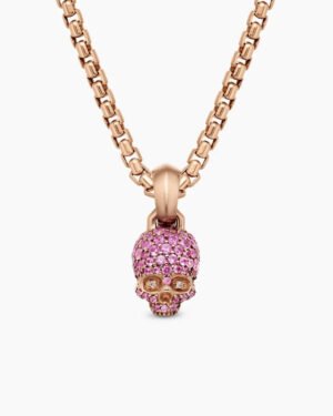 Skull Amulet Full Pav&eacute; Pink Sapphires and 18K Rose Gold, 14mm