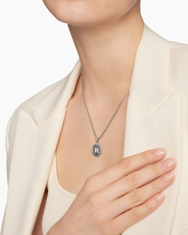 Initial Charm Necklace Sterling Silver with Diamond R