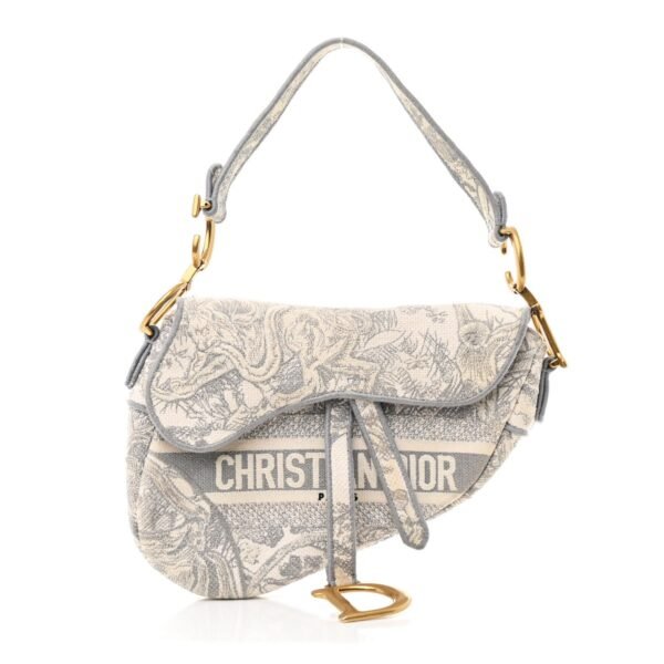 Canvas Embroidered Toile de Jouy Saddle Bag Gray