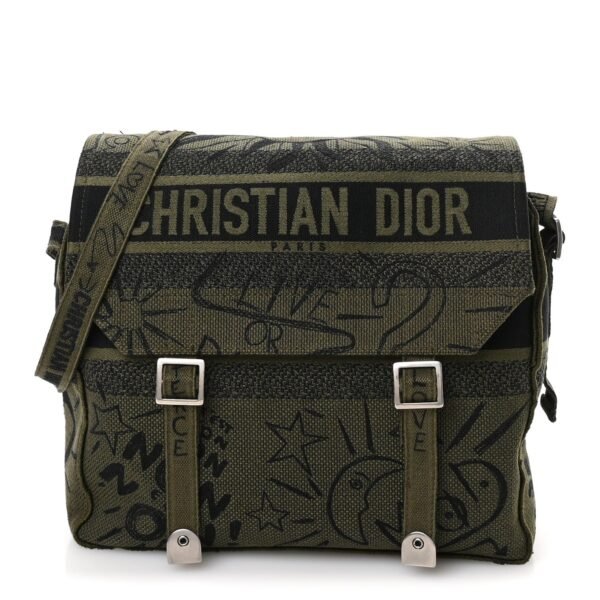 Canvas Embroidered Graffiti Diorcamp Messenger Green Black