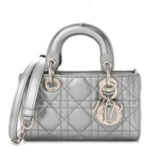 Metallic Lambskin Cannage Micro Lady D-Joy Silver
