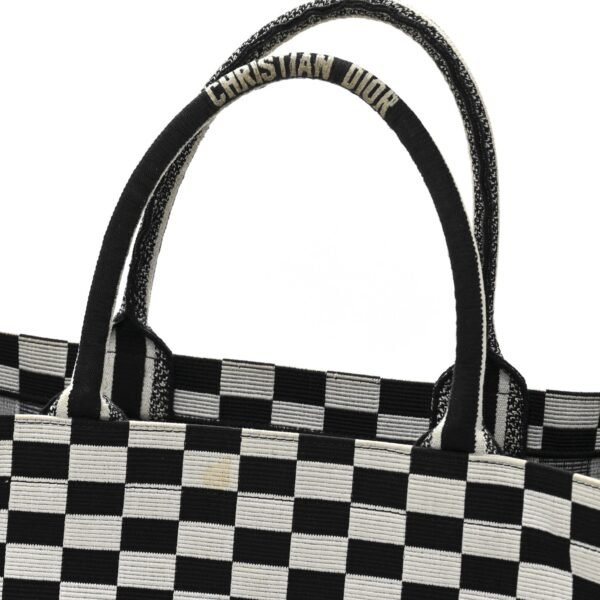 Canvas Embroidered Checkered Book Tote Black White