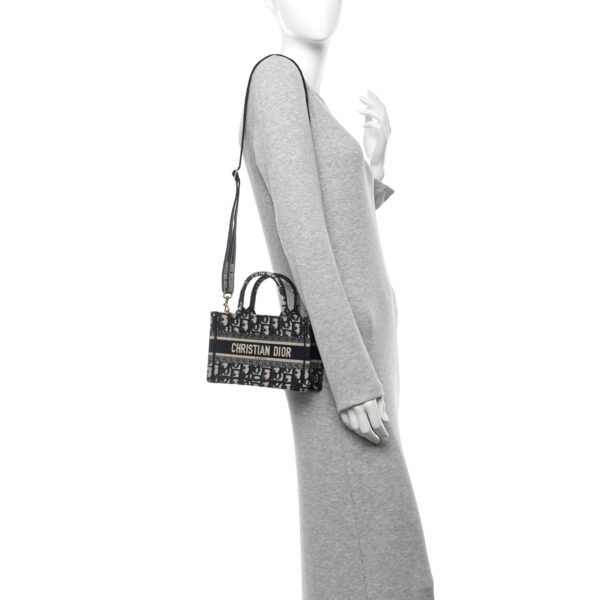 Canvas Embroidered Toile De Jouy Reverse Mini Book Tote With Strap Blue Multicolor