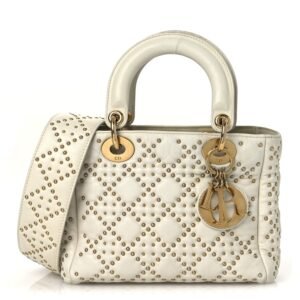 Calfskin Cannage Studded Small Supple Lady Dior White