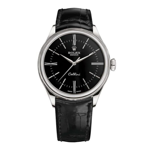 Rolex Cellini Time 39mm – Ref: 50509-0006 – Black Index & Roman Numeral Dial, Domed & Fluted Double Bezel, 18K White Gold & Black Leather Strap Watch