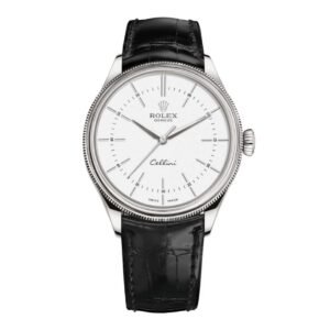 Rolex-Cellini-39mm-Unisex-Watch-50509-0016.jpg Rolex Cellini Time 39mm – Ref: 50509-0016 – White Index Dial, Domed & Fluted Double Bezel, 18K White Gold & Black Leather Strap Watch