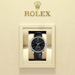 Rolex-Cellini-Dual-Time-39mm-Unisex-Watch-50529-0007-2.jpg Rolex Cellini Dual Time 39mm – Ref: 50529-0007 – Black Guilloche Index Dial, Domed & Fluted Double Bezel, 18K White Gold & Black Leather Strap Watch