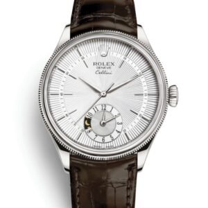 Rolex-Cellini-Dual-Time-39mm-Unisex-Watch-50529-0009-3.jpg Rolex Cellini Dual Time 39mm – Ref: 50529-0009 – Silver Guilloche Index Dial, Domed & Fluted Double Bezel, 18K White Gold & Tobacco Brown Leather Strap Watch