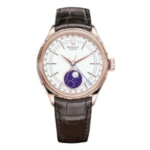 Rolex-Cellini-Moonphase-39mm-Unisex-Watch-50535.jpg Rolex Cellini Moonphase 39mm – Ref: 50535-0002 – White Index Dial, Domed & Fluted Double Bezel, 18K Rose Gold & Tobacco Brown Leather Strap Watch