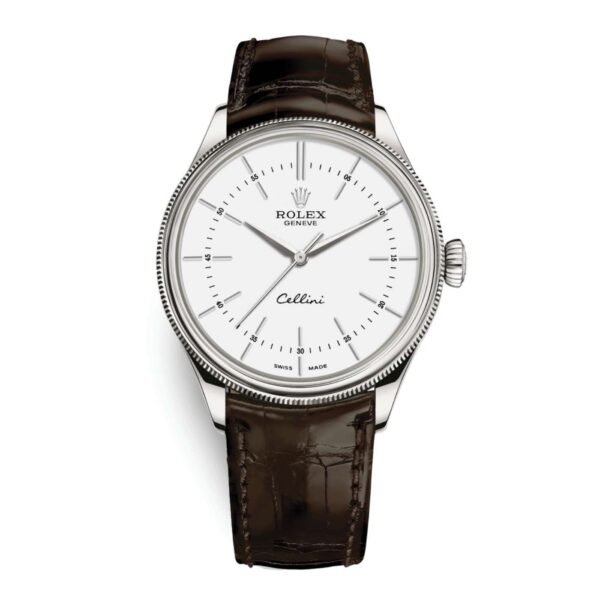 Rolex Cellini Time 39mm – Ref: 50509-0017 – White Index Dial, Domed & Fluted Double Bezel, 18K White Gold & Tobacco Brown Leather Strap Watch