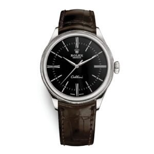 Rolex-Cellini-Time-39mm-Unisex-Watch-50509-0022.jpg Rolex Cellini Time 39mm – Ref: 50509-0022 – Black Index & Roman Numeral Dial, Domed & Fluted Double Bezel, 18K White Gold & Tobacco Brown Leather Strap Watch