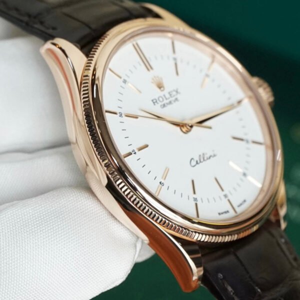 Rolex-Cellini-Watch-50505-0021-1.jpg Rolex Cellini Time 39mm – Ref: 50505-0021 – White Index Dial, Domed & Fluted Double Bezel, 18K Rose Gold & Black Leather Strap Watch