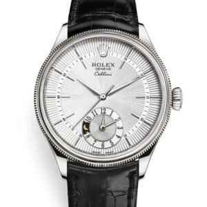 Rolex-Cellini-Watch-50529-0006.jpg Rolex Cellini Dual Time 39mm – Ref: 50529-0006 – Silver Guilloche Index Dial, Domed & Fluted Double Bezel, 18K White Gold & Black Leather Strap Watch