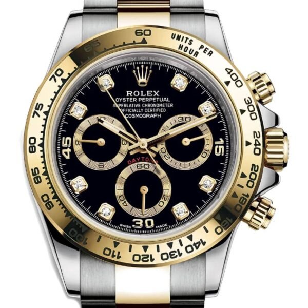 Rolex Cosmograph Daytona 40mm – Ref: 116503-0011 – Black Diamond Dial & Gold Bezel, Two Tone Stainless Steel & 18K Yellow Gold Oyster Bracelet Men’s Watch