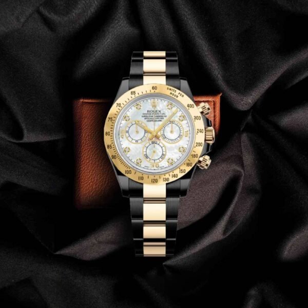 Rolex Cosmograph Daytona 40mm – Ref: 116523md – White Mother of Pearl Diamond Dial & Gold Bezel, Two Tone Black PVD & 18K Yellow Gold Oyster Bracelet Men’s Watch