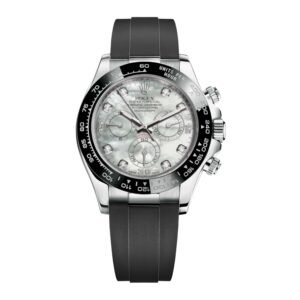 Rolex Cosmograph Daytona 40mm – Ref: 116519LN mdof – White mother of Pearl Diamond Dial & Ceramic Bezel, 18K White Gold Case Black Oysterflex Bracelet Men’s Watch
