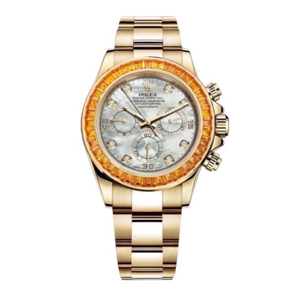 Rolex Cosmograph Daytona “Saco” 40mm – Ref: 116578SACO – White Mother of Pearl Diamond Dial & Orange Sapphire Bezel, 18K Yellow Gold Oyster Bracelet Men’s Watch