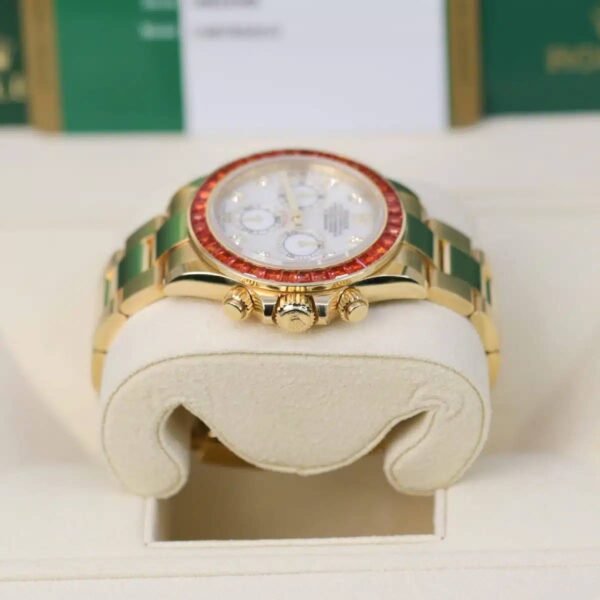 Rolex Cosmograph Daytona “Saco” 40mm – Ref: 116578SACO – White Mother of Pearl Diamond Dial & Orange Sapphire Bezel, 18K Yellow Gold Oyster Bracelet Men’s Watch