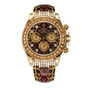 Rolex Cosmograph Daytona “Leopard” 40mm – Ref: 116598 – Leopard Diamond Dial & Orange Sapphire Bezel, 18K Yellow Gold & Leopard Print Leather Strap Watch