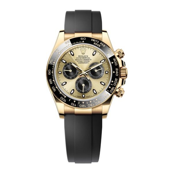 Rolex Cosmograph Daytona 40mm – Ref: 116518ln-0048 – Champagne & Black Index Dial & Ceramic Bezel, 18K Yellow Gold Case Black Oysterflex Bracelet Men’s Watch