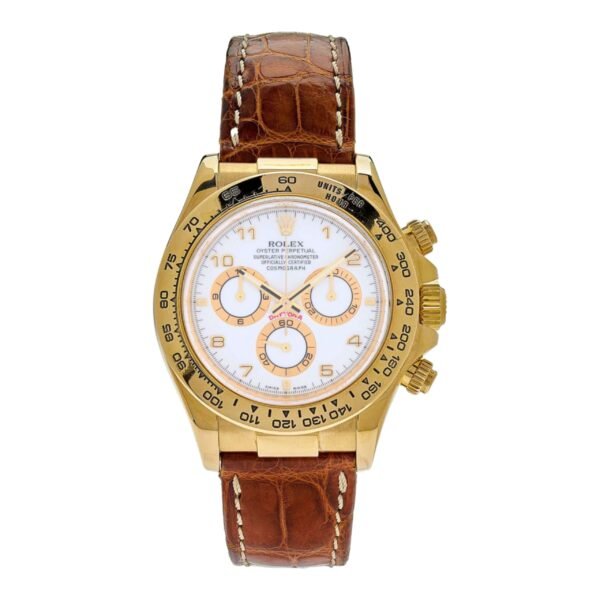 Rolex-Cosmograph-Daytona-Watch-116518wd-1-scaled-1.jpg Rolex Cosmograph Daytona 40mm – Ref: 116518 wd – White Arabic Numerals Dial, 18K Yellow Gold & Brown Leather Strap Men’s Watch