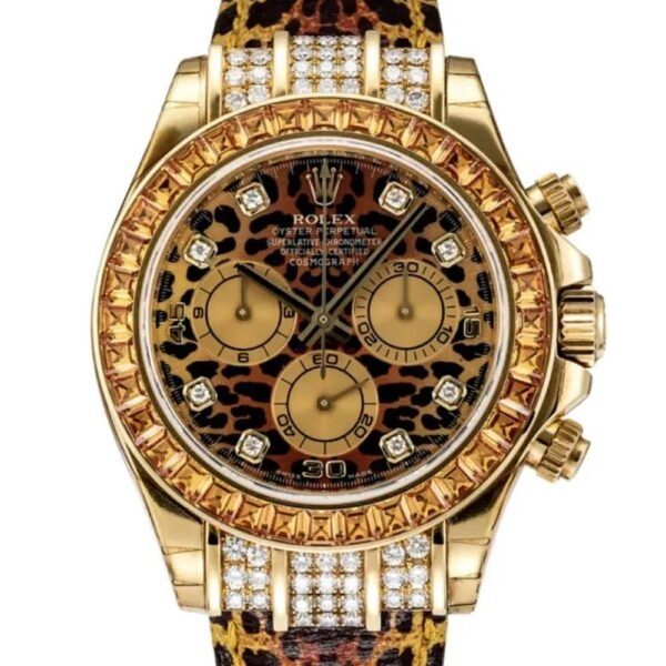 Rolex Cosmograph Daytona “Leopard” 40mm – Ref: 116598 – Leopard Diamond Dial & Orange Sapphire Bezel, 18K Yellow Gold & Leopard Print Leather Strap Watch