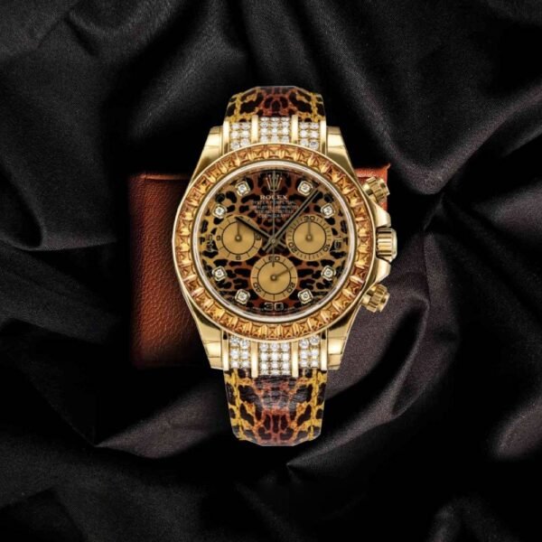 Rolex Cosmograph Daytona “Leopard” 40mm – Ref: 116598 – Leopard Diamond Dial & Orange Sapphire Bezel, 18K Yellow Gold & Leopard Print Leather Strap Watch