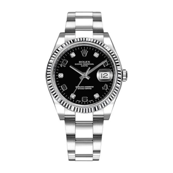 Rolex Date 34mm – Ref: 115234-0011 – Black Diamond Dial, Stainless Steel Oyster Bracelet Watch