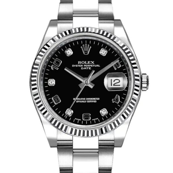 Rolex Date 34mm – Ref: 115234-0011 – Black Diamond Dial, Stainless Steel Oyster Bracelet Watch