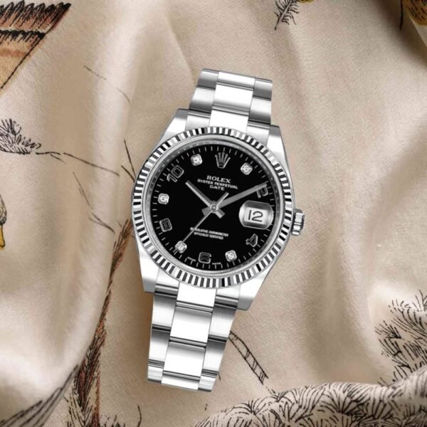 Rolex Date 34mm – Ref: 115234-0011 – Black Diamond Dial, Stainless Steel Oyster Bracelet Watch