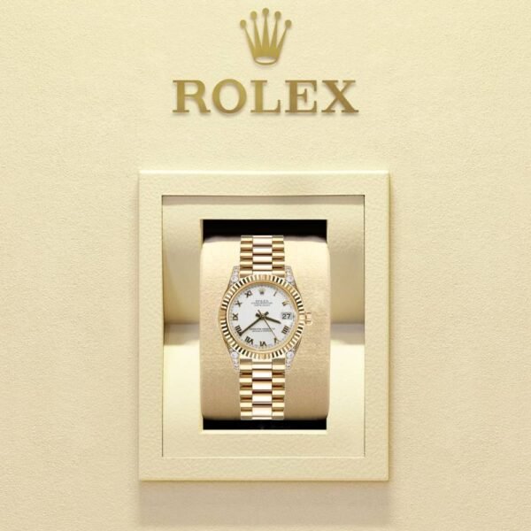 Rolex Datejust 31mm – Ref: 178238 wrp – White Roman Dial & Diamond Case, 18K Yellow Gold President Bracelet Women’s Watch