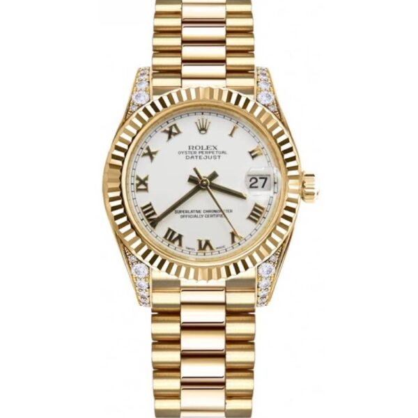 Rolex Datejust 31mm – Ref: 178238 wrp – White Roman Dial & Diamond Case, 18K Yellow Gold President Bracelet Women’s Watch
