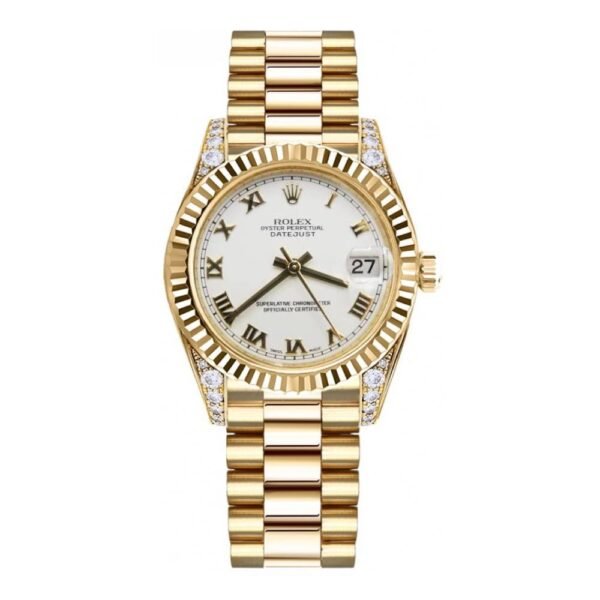 Rolex Datejust 31mm – Ref: 178238 wrp – White Roman Dial & Diamond Case, 18K Yellow Gold President Bracelet Women’s Watch