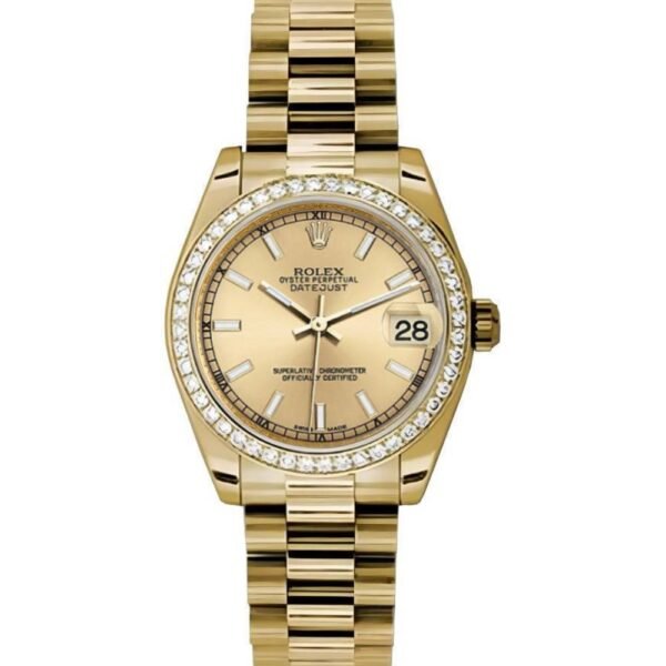 Rolex Datejust 31mm – Ref: 178288 chcap 2 – Champagne Dial & Diamond Bezel, 18K Yellow Gold President Bracelet Women’s Watch